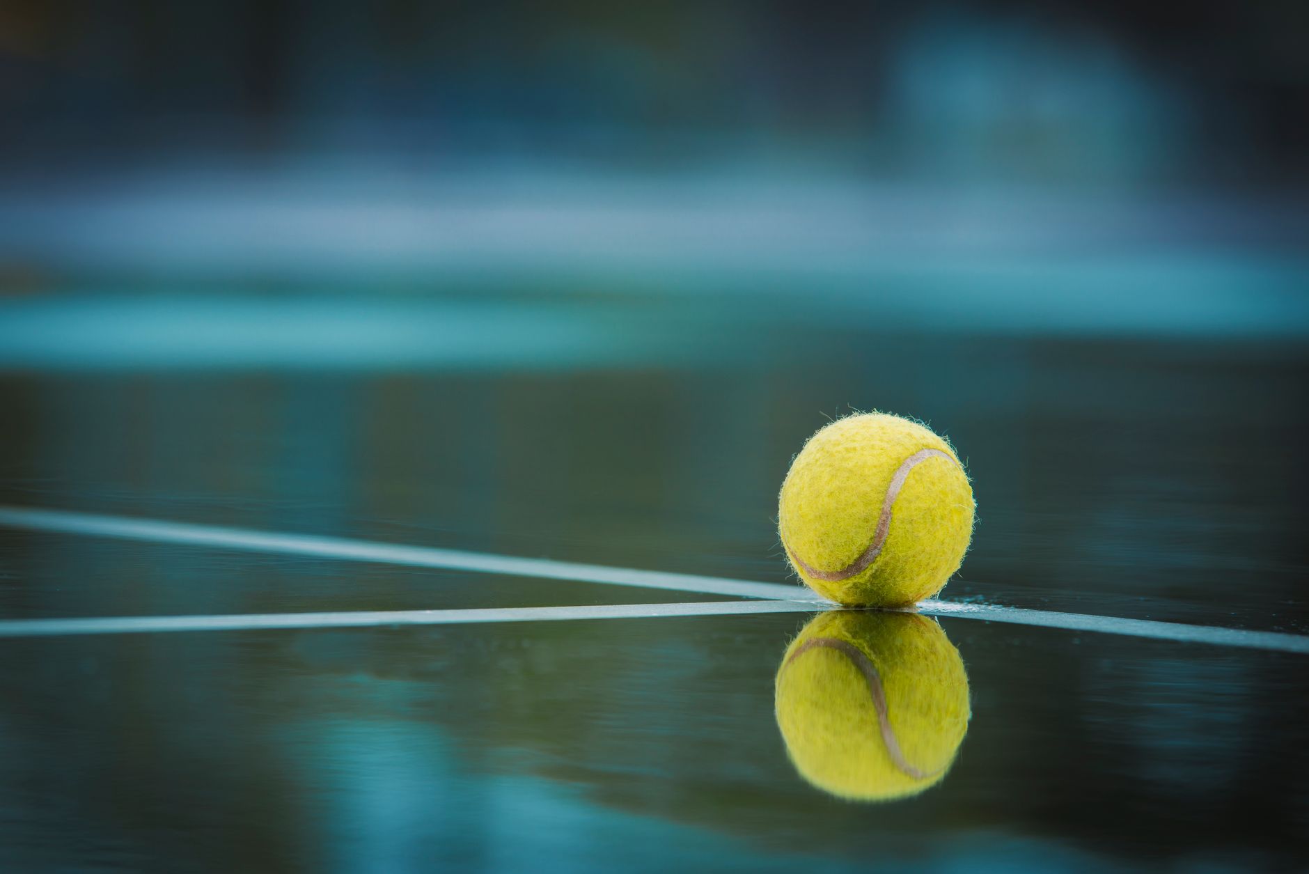 Balle de tennis jaune posée sur un terrain mouillé avec reflets.